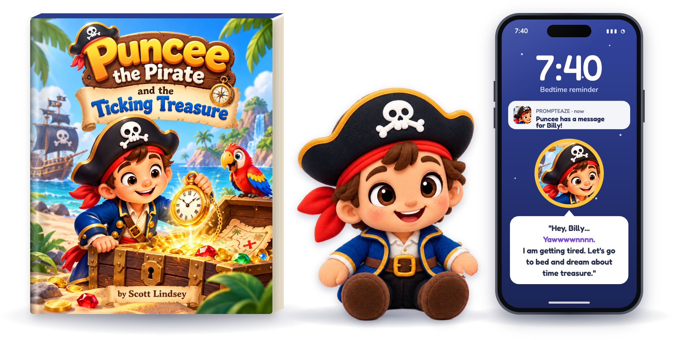 The Puncee the Pirate storybook standing next to the matching Puncee plush toy and an iPhone showing the PromptEaze app with a bedtime reminder from Puncee